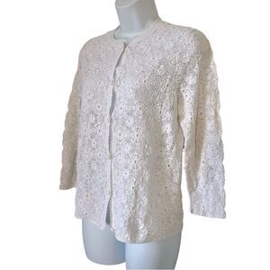 Handmade Crotchet Knit Women White 100% Cotton Button Front Summer Cardigan sz M